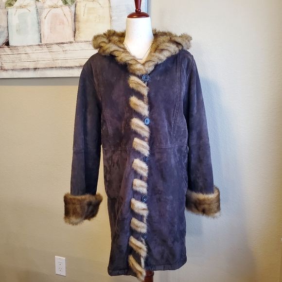 DENNIS BASSO | Suede Leather & Faux Fur Whipstitch Coat sz L - Picture 3 of 9